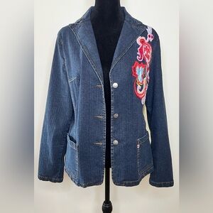 Vintage embroidered paisley lapel collar dark wash denim jean jacket stretch L